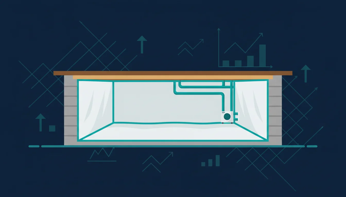 Cross-section of an encapsulated Charlotte crawl space with a sealed vapor barrier and dehumidifier